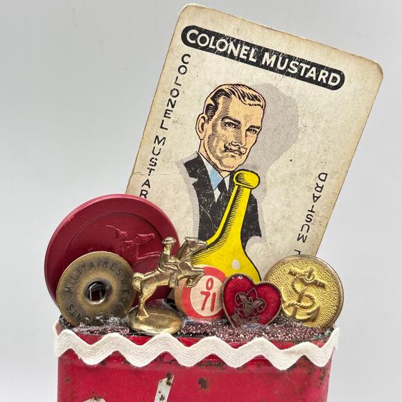 Colonel Mustard Assemblage Art Piece - Fathers Day Velvet Tobacco Tin - Picture 3 of 7